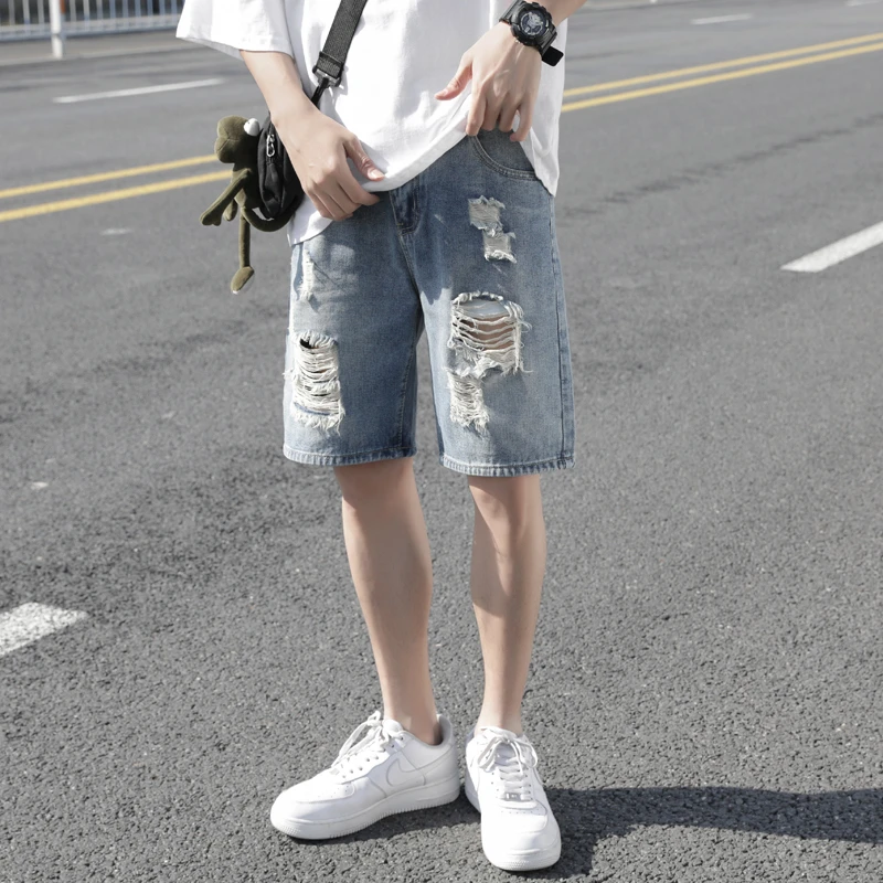 夏季薄款破洞牛仔短裤男士2023新款夏天宽松直筒休闲五分裤中裤子