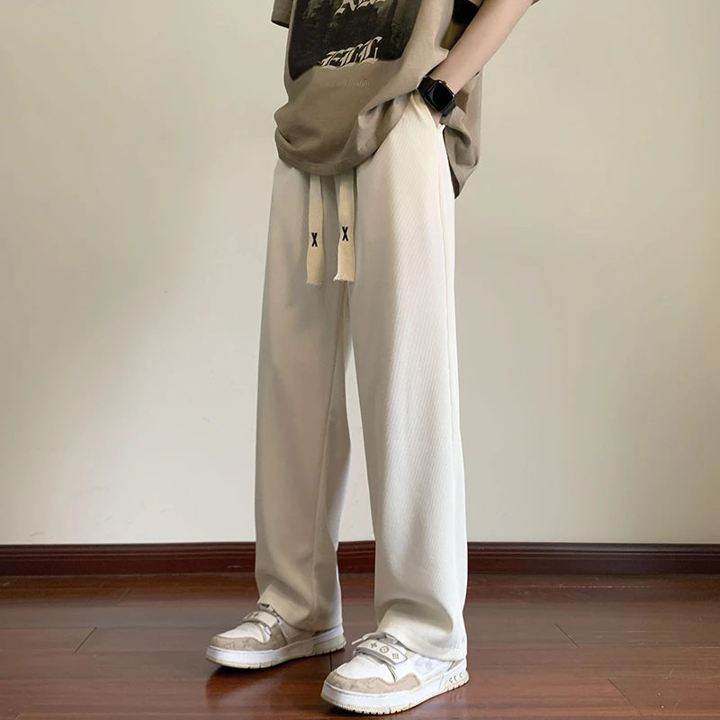 冰丝弹力休闲裤男士夏季薄款华夫格潮牌阔腿直筒垂感宽松运动长裤