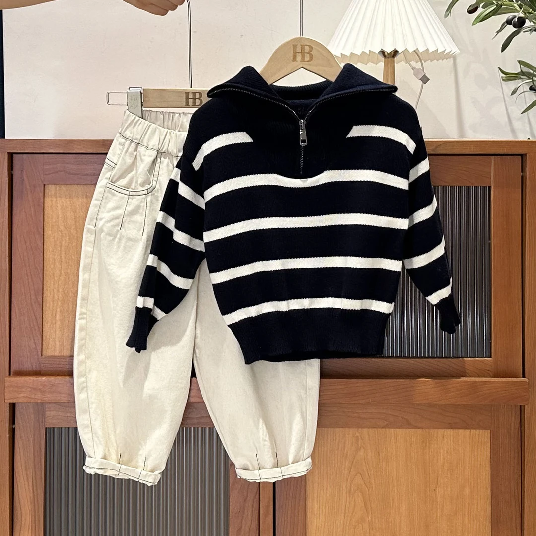 儿童宽松百搭翻领半拉链条纹针织毛衣57068