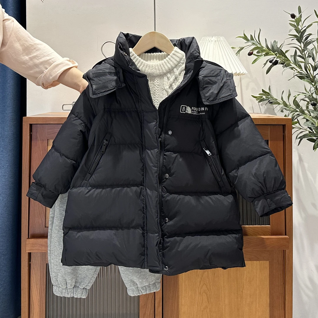 儿童冬季韩版简约中长款连帽羽绒服19933