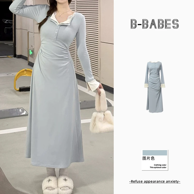 B-babes【温柔冬日】翻领假两件长袖连衣裙女收腰打底内搭a字长裙