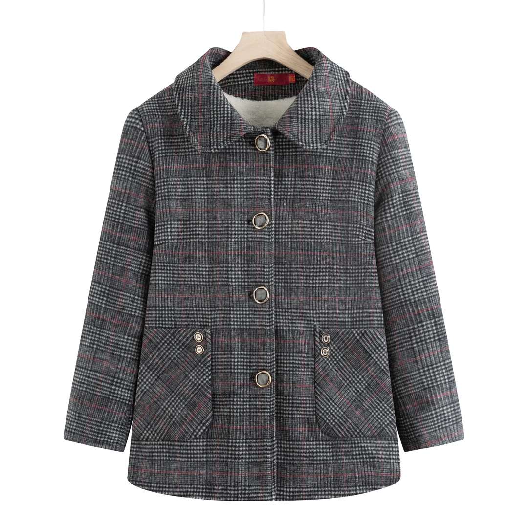 7371冬季新款加绒加厚妈妈装格子外套呢子中老年上衣