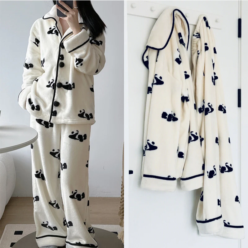 【娜比同款睡衣】法兰绒萌趣熊猫嘭嘭睡衣秋冬保暖加绒家居服月子服