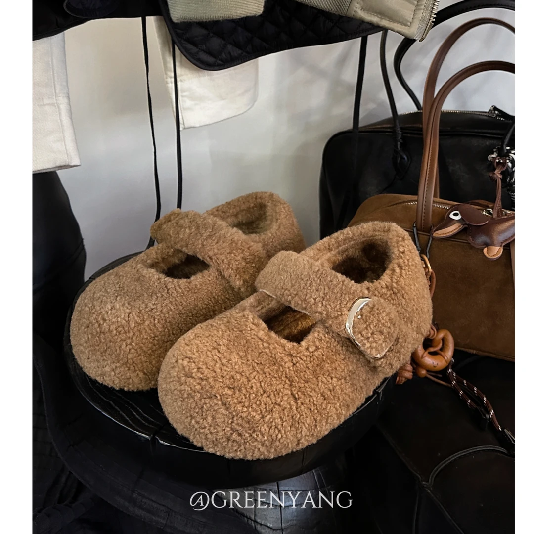 老羊家~平底舒适毛毛鞋女外穿2024年冬季新款加绒一字玛丽珍棉鞋