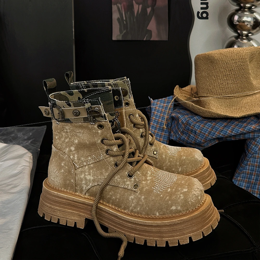 老羊家~潮靴女复古水洗牛仔马丁靴短靴夏季厚底女靴系带工装单靴