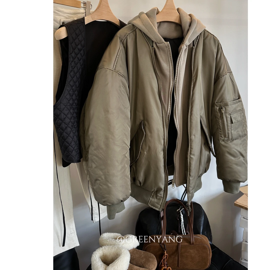 老羊家~假两件欧美风情侣连帽棉服夹克街头潮流穿搭短宽廓形外套