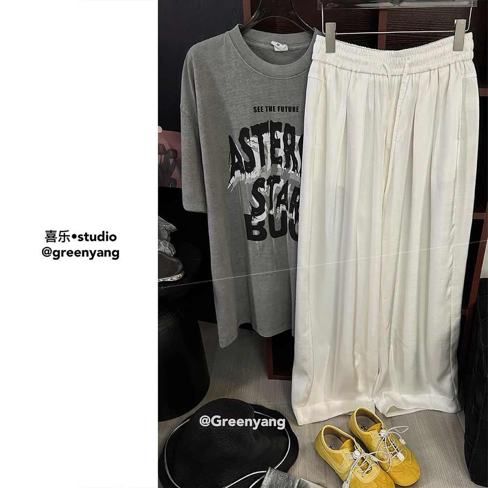 老羊家~小众原创女装2024夏新款松紧腰垂感阔腿直筒裤休闲长裤女