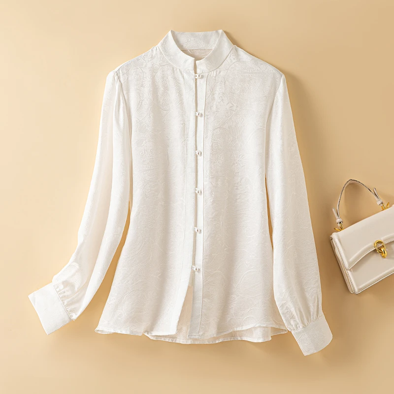 复古小立领真丝花罗衬衫女长袖宽松气质衬衣桑蚕丝上衣百搭新款