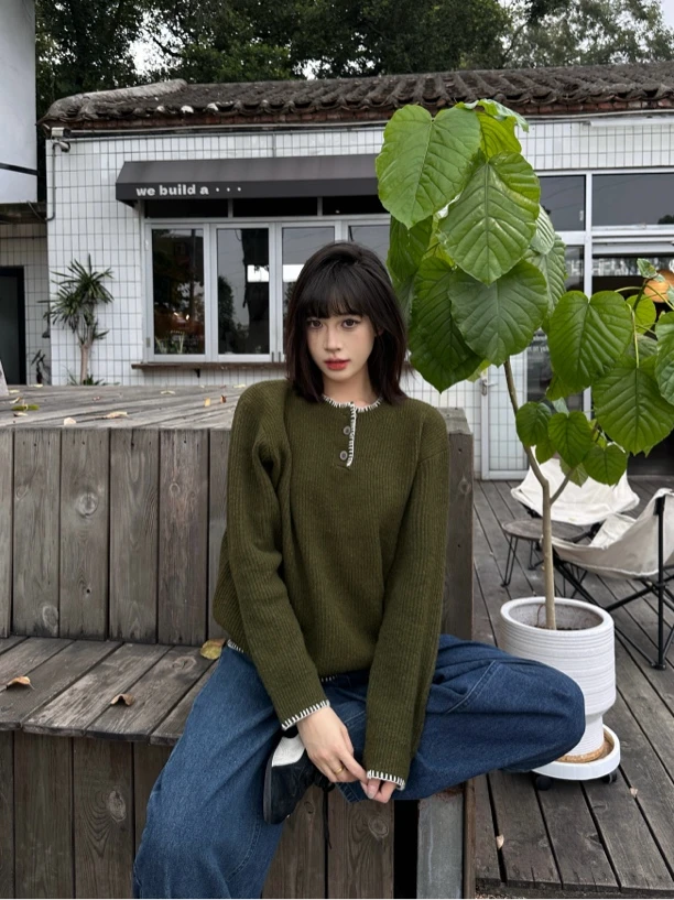 Leyue美式复古老钱风显贵气亨利领毛衣慵懒高级感cleanfit毛衣