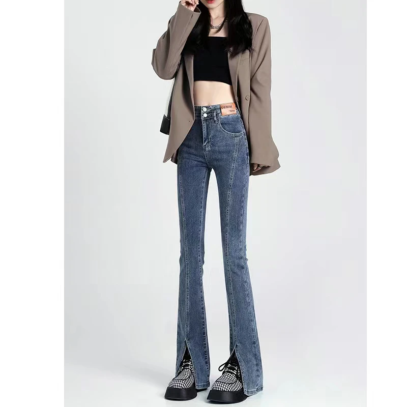 【LEIYUAN/蕾媛】七七高腰弹力显瘦拖地微喇叭开叉牛仔裤女2023