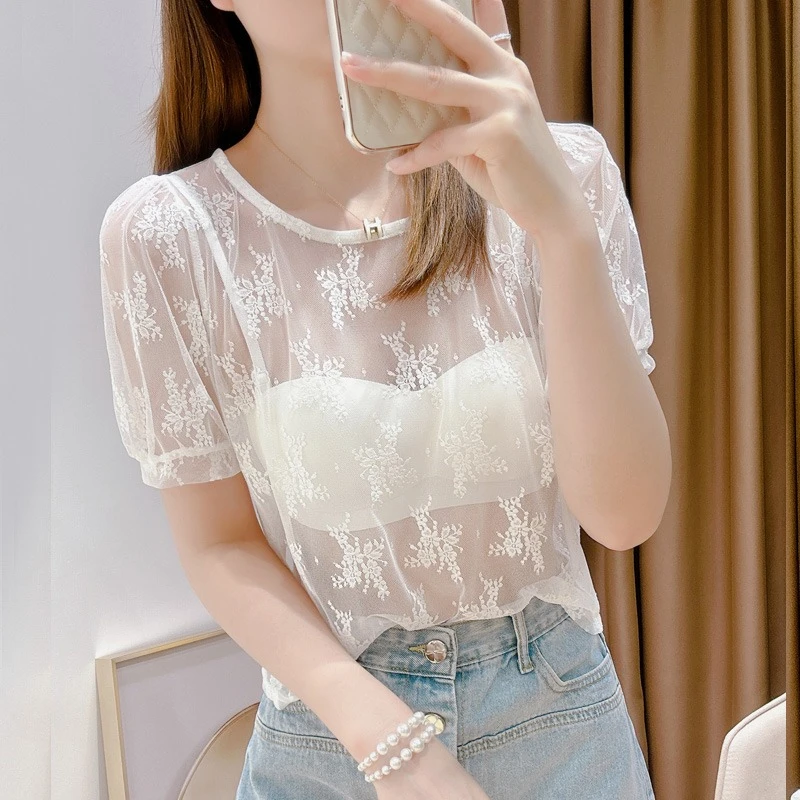 吊带裙内搭打底衫女夏季新款透视白色蕾丝短袖上衣搭配连衣裙罩衫