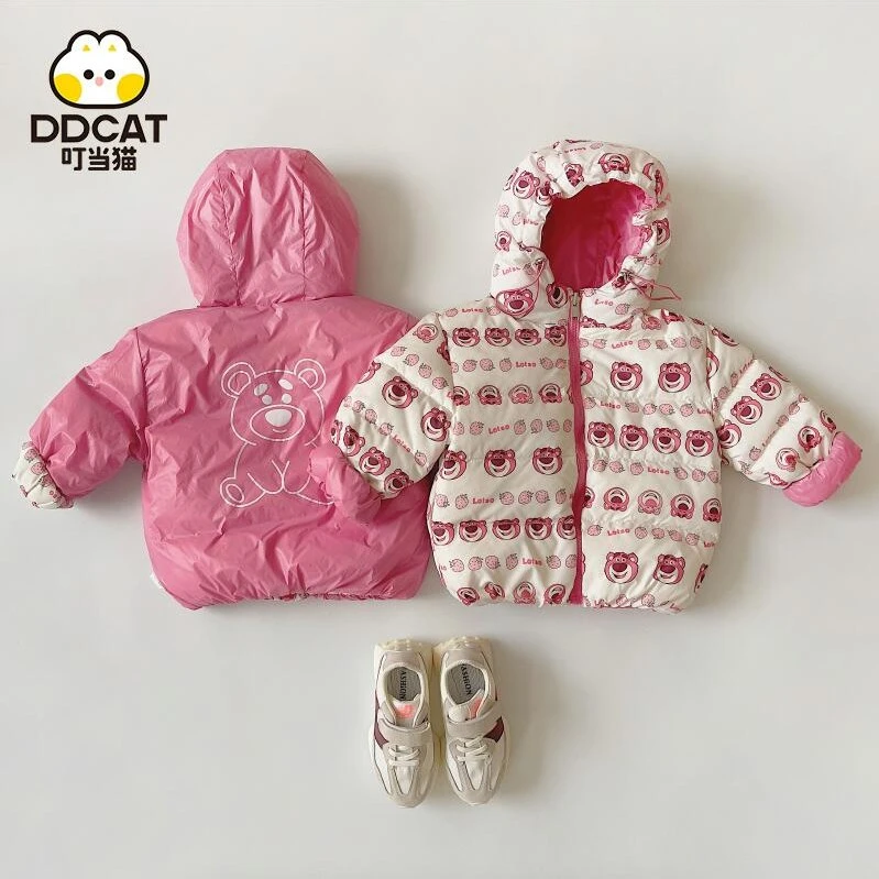 ddcat/叮当猫儿童羽绒服女童外套短款印花男童宝宝双面穿冬装保暖