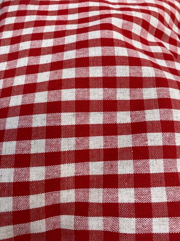 160圆棉麻色织红格桌布