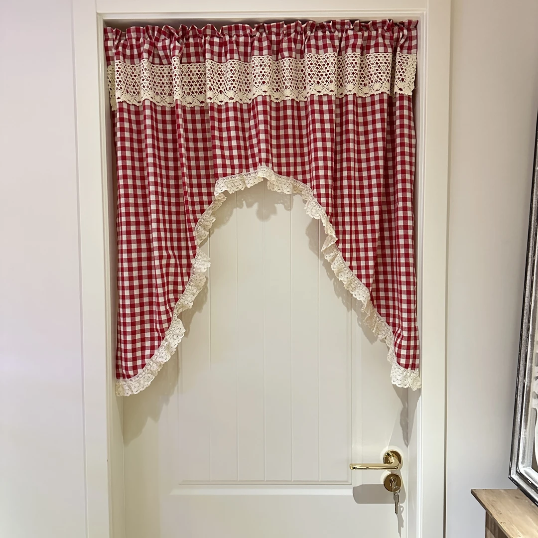 (135*90)红色色织格亚麻色织格蕾丝拱形帘卫生间卧室飘窗门帘