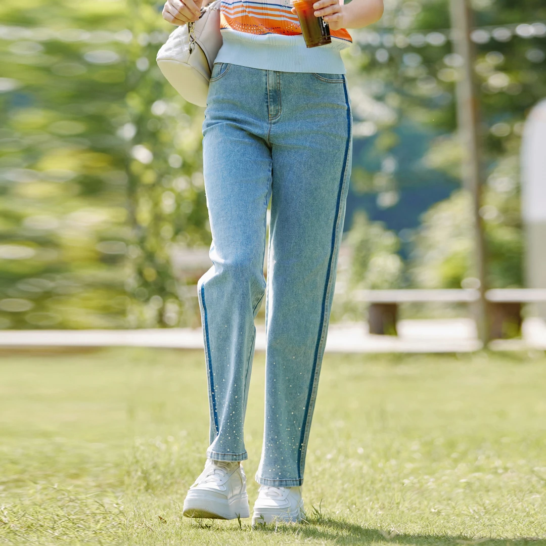 歌蒂诗2024春高腰新款时尚通勤休闲百搭简约直筒牛仔裤1E10N3519