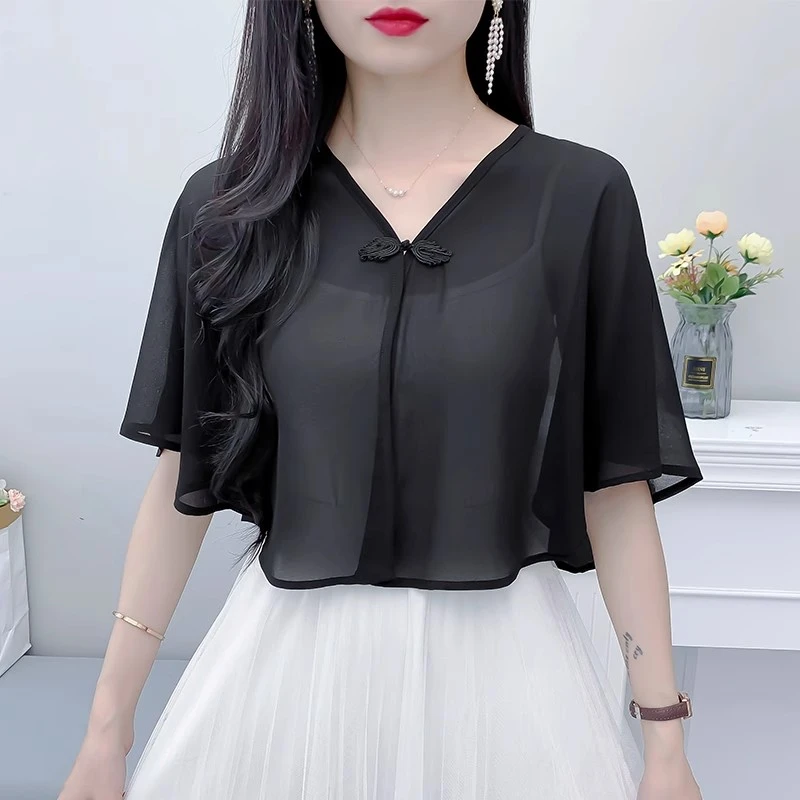 雪纺衫无袖披肩女2025年夏季防晒衣外搭开衫防晒服宽松薄纱小外套