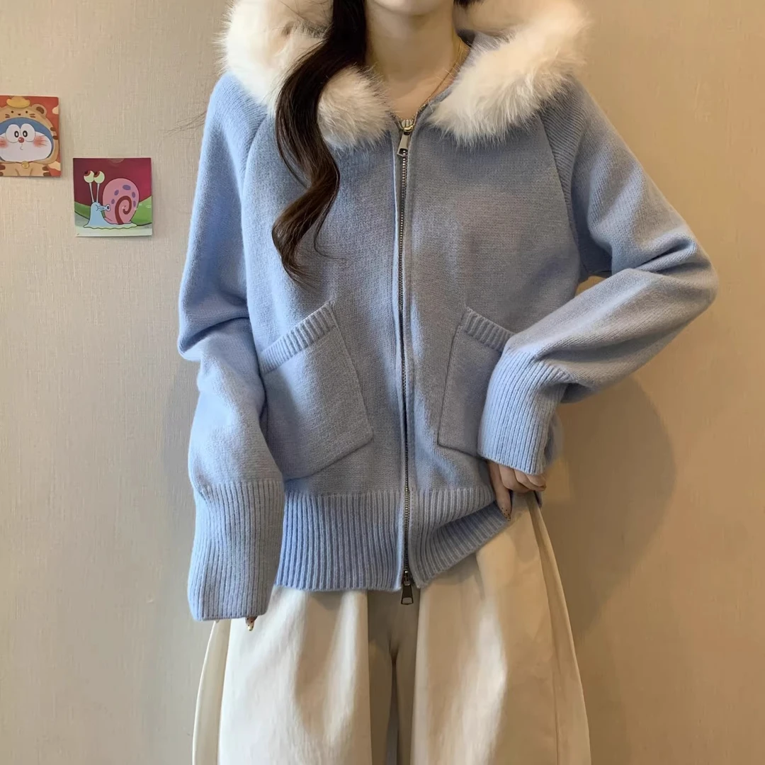 微胖妹妹大码冬季连帽针织开衫毛衣女显瘦爆款高级感毛领上衣外套