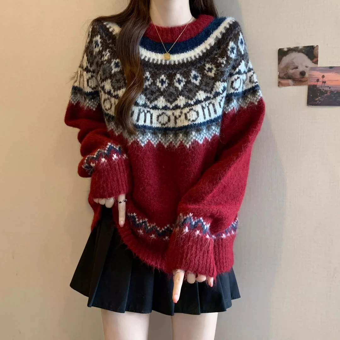 微胖妹妹大码秋冬韩版复古毛衣针织衫女气质宽松显瘦减龄加厚上衣