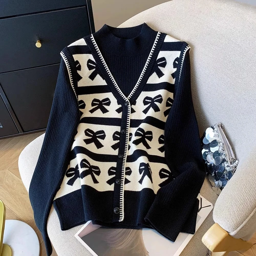 微胖妹妹大码复古长袖毛衣针织衫女秋冬设计感气质减龄假两件上衣