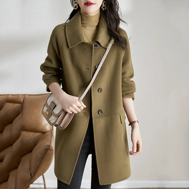 微胖妹妹大码长袖毛呢外套女2024冬季韩版休闲气质百搭军绿色大衣