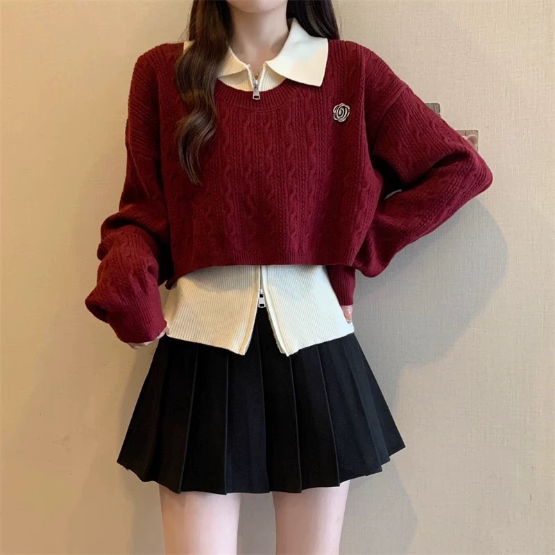 微胖妹妹大码设计感Polo领毛衣两件套女2024秋冬美式复古背心上衣