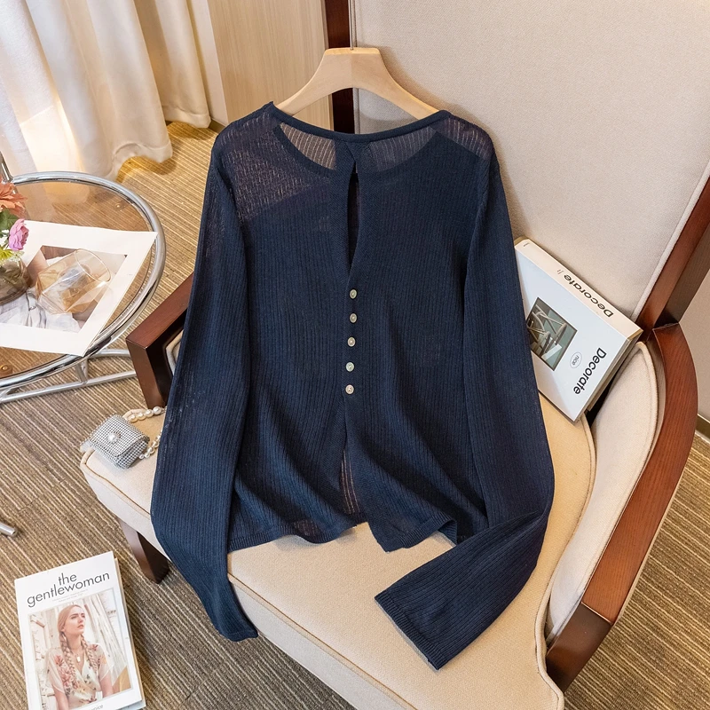 微胖妹妹大码后背开叉镂空针织衫女2024秋季宽松显瘦百搭长袖上衣