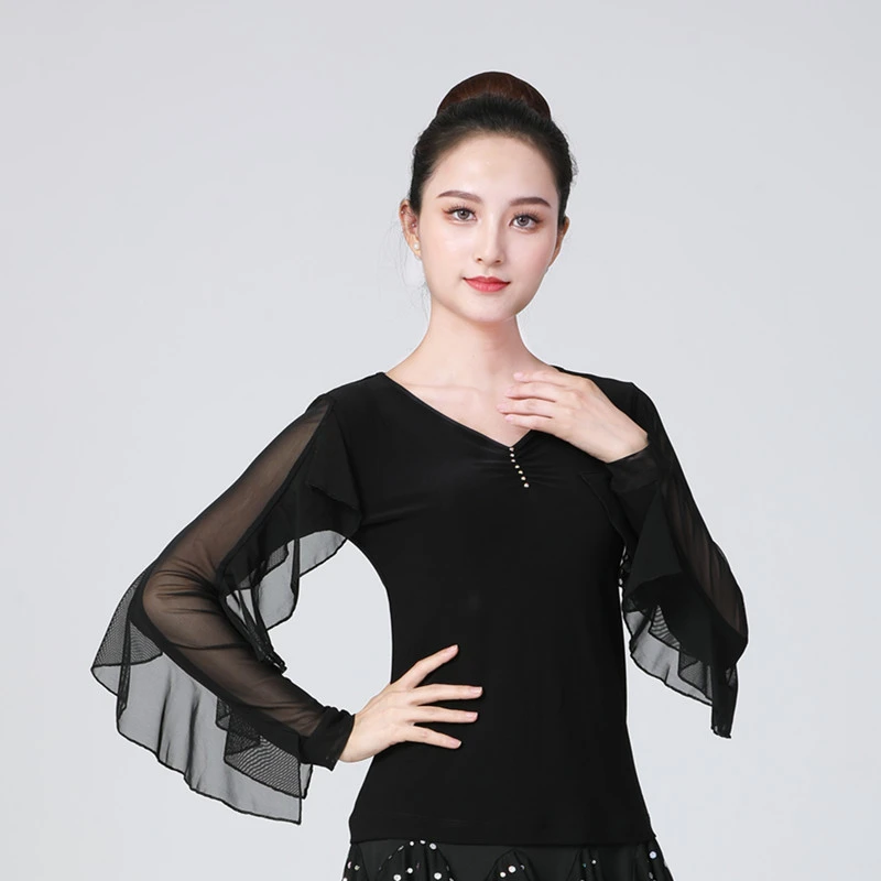 水晶麻高端舞蹈服上衣长袖网纱荷叶边舞蹈服烫钻舞衣