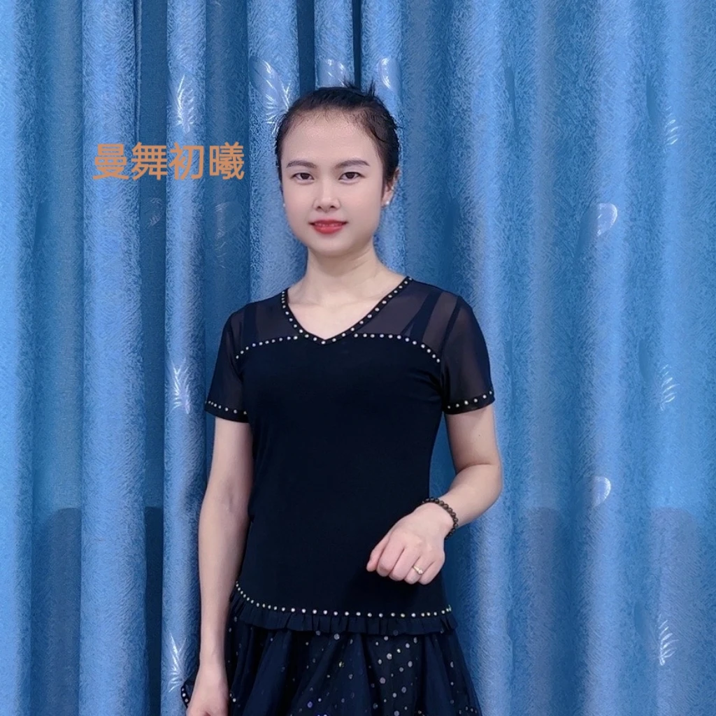 【曼舞初曦】2023新款夏季广场舞服装上衣水晶麻烫钻网纱高端舞蹈服