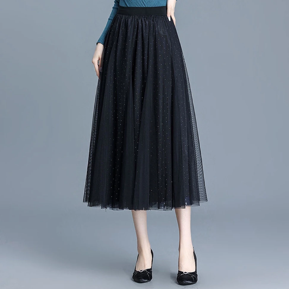 【小杨夫妻专属】两面穿网纱半身裙2025四季新款烫钻裙过膝长款裙女