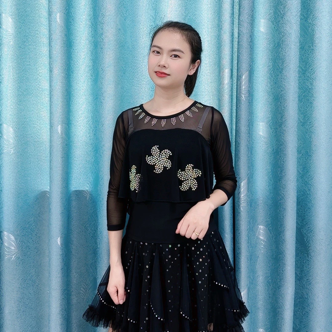 欧若风广场舞服装上衣圆领水晶麻烫钻舞蹈服跳舞高端荷叶边衣服