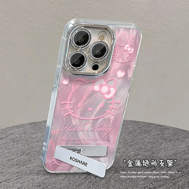 适用苹果iPhone15/14/13粉色KT精孔羽纱纹支架手机壳