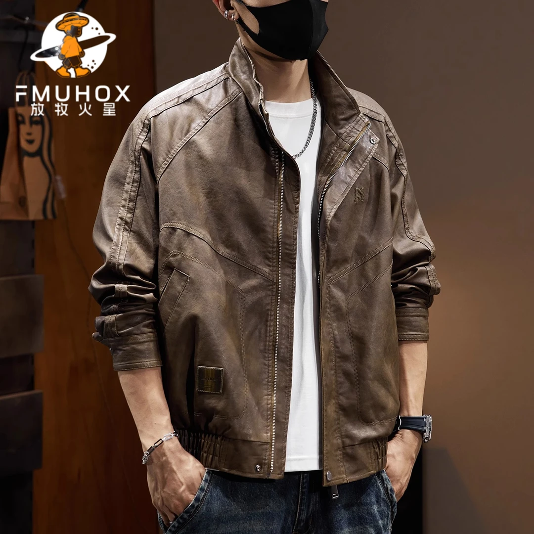 @放牧火星 加绒皮衣美拉德复古机车风PU皮夹克男秋冬款飞行员外套