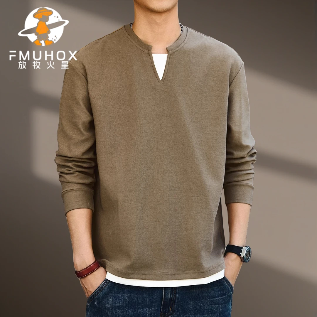 @放牧火星 日系复古假两件男士休闲卫衣宽松潮牌秋冬季V领打底衫