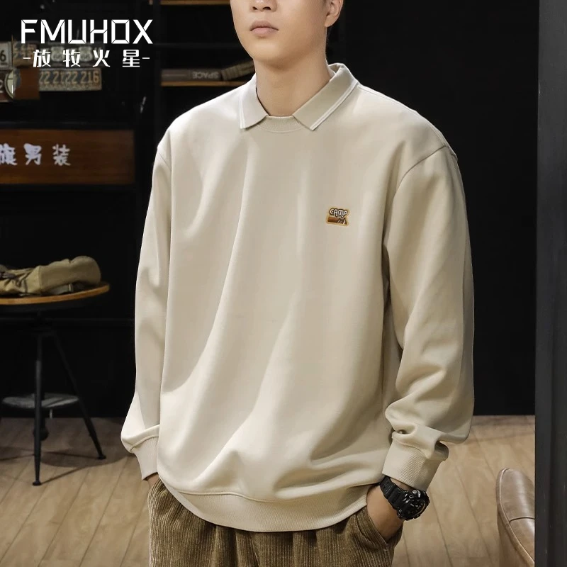 FMUHOX/放牧火星秋季重磅美式复古Polo领卫衣男宽松潮牌长袖外套