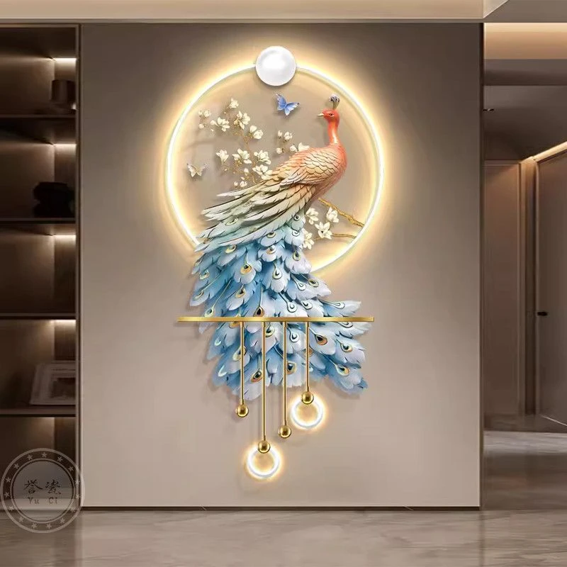 现代轻奢孔雀玄关装饰画寓意好LED灯光挂画走廊立体发光艺术壁灯