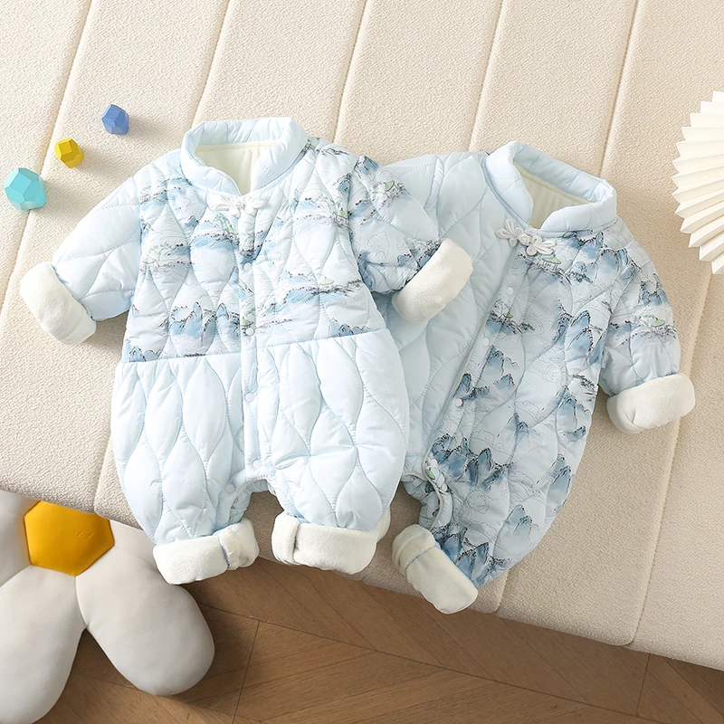 冬季婴儿加棉保暖连体衣宝宝冬季中国风山水薄棉哈衣新生儿外出服
