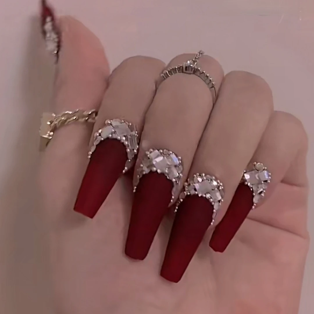 纯手工穿戴甲红色2025新款爆闪美甲贴片成品高级感假指甲贴新娘甲