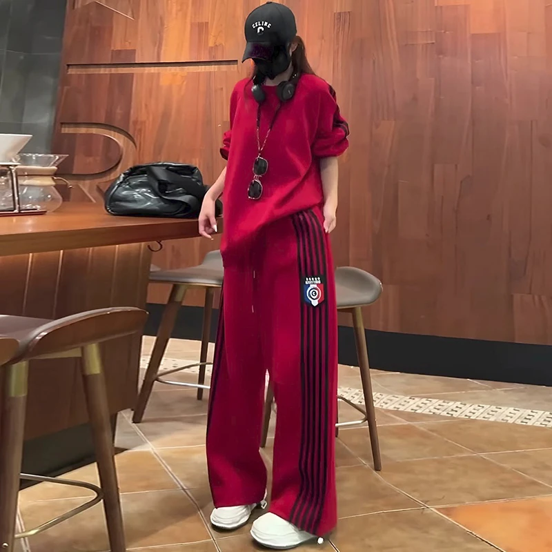 美式复古炸街红色休闲运动套装女秋冬季新款洋气直筒阔腿裤两件套