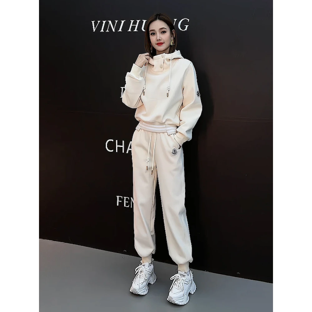 韩系加绒两件套女装2025年春秋新款杏色加厚连帽长袖卫衣套装女款