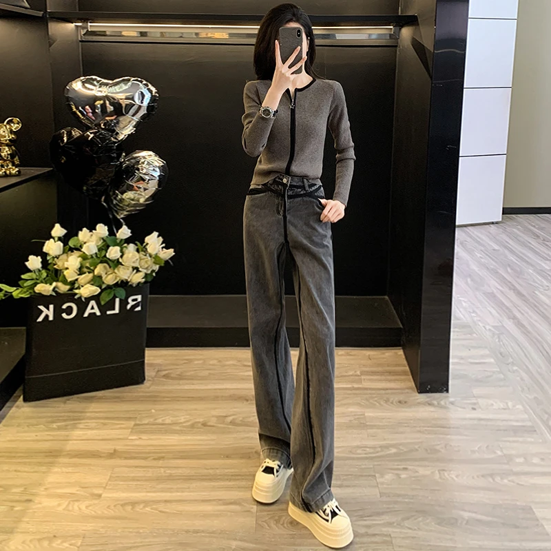 欧货休闲时尚套装女2025秋冬款高级感灰色针织衫阔腿牛仔裤两件套