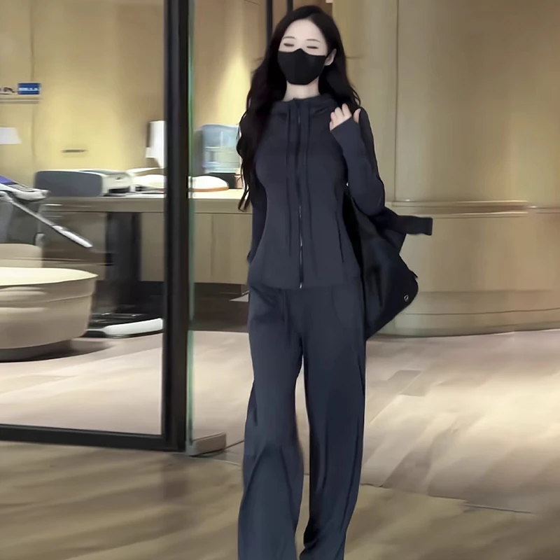 2025年春夏新款户外休闲运动跑步健身灰色薄外套上衣阔腿裤套装女