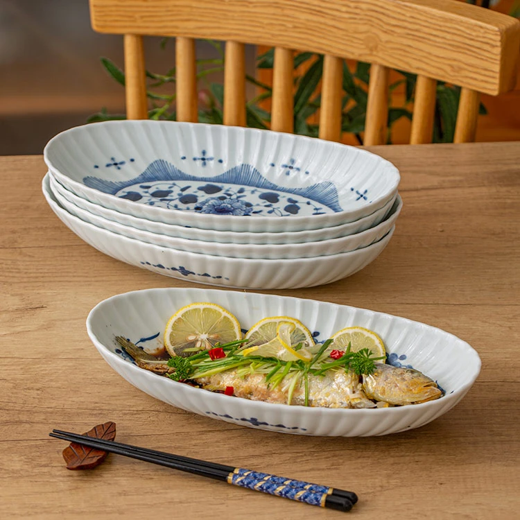 蓝凛堂日本进口陶瓷深鱼盘餐具家用日式椭圆形鱼盘蒸鱼装鱼盘菜盘