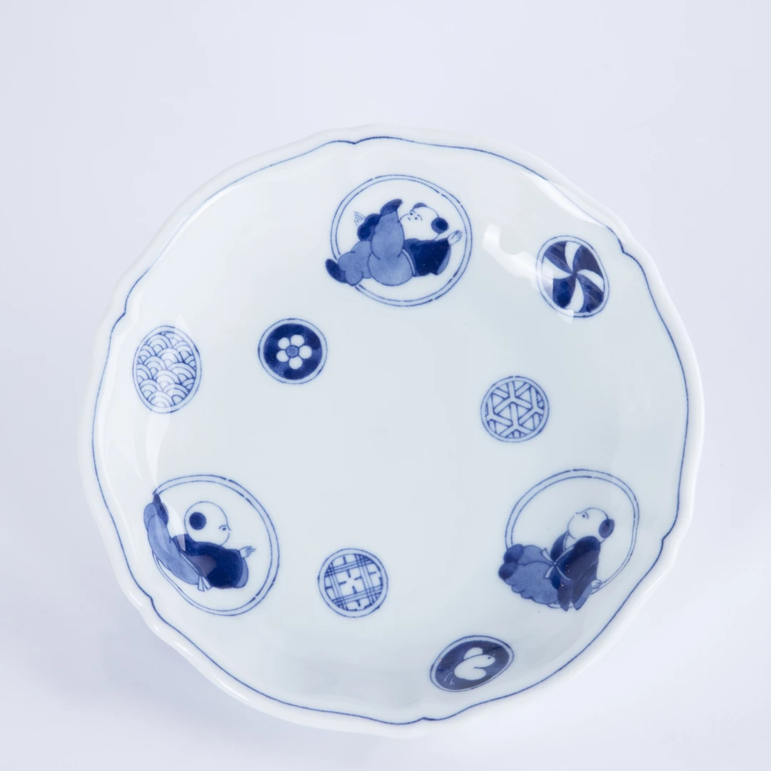 蓝凛堂丸纹唐子6.7英寸轮花深盘陶瓷餐盘釉下彩陶瓷家用菜盘圆盘