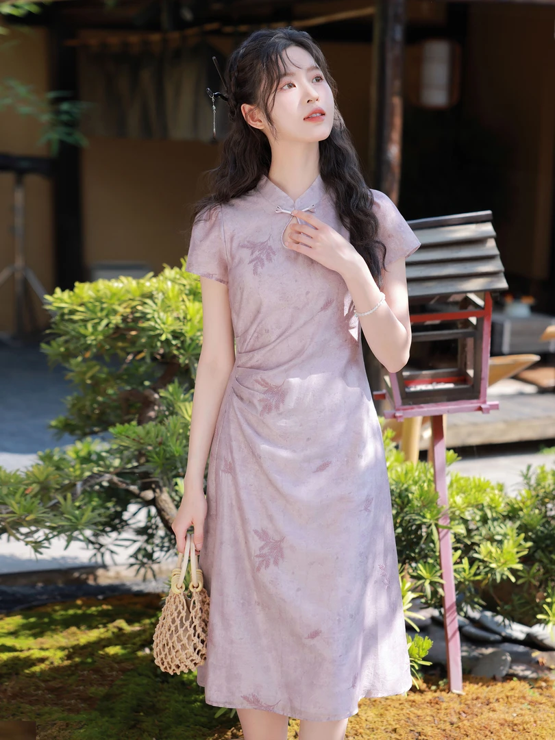 玲玖新中式连衣裙女装夏季新款小个子高级感国风气质紫色改良旗袍