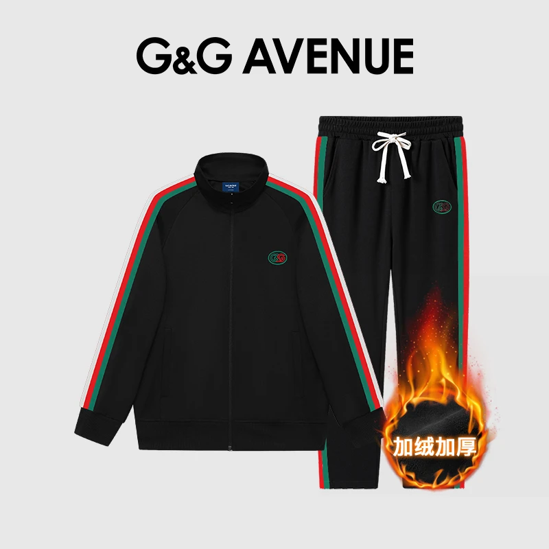 法国G&G AVENUE秋冬新款轻奢潮牌休闲加绒套装外套夹克+平脚裤