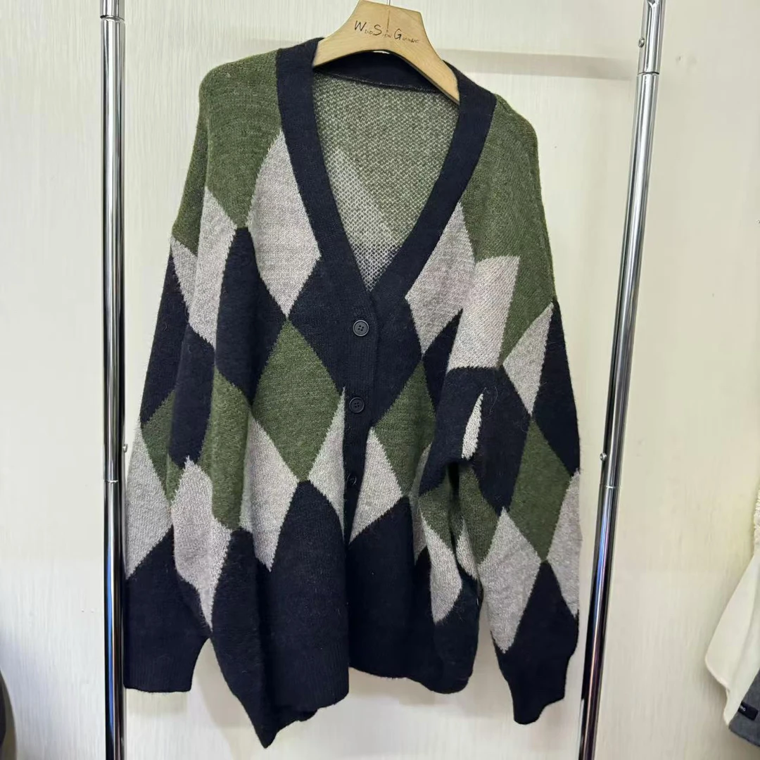 【pu】廓形菱格撞色开衫