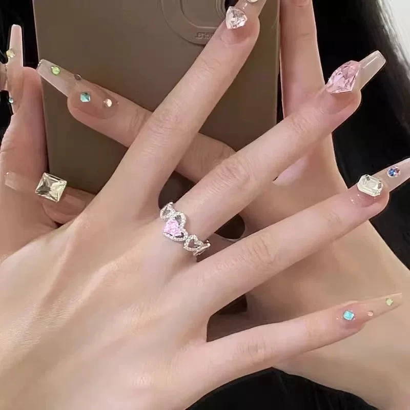 铜合金合成锆石戒指 粉色爱心镶嵌开口高级感小众时尚戒指女J-707