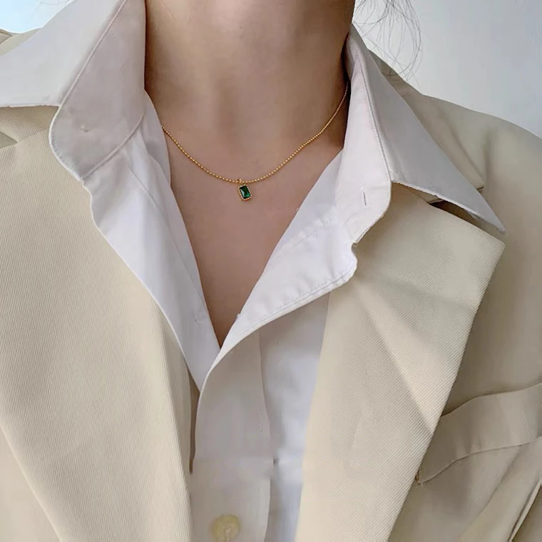 钛钢项链 不掉色小众复古精致小巧绿色吊坠气质项链 X-152