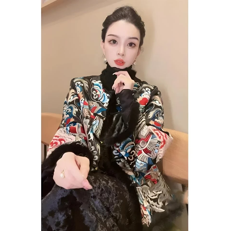秋冬新中式国风重工刺绣加棉外套女时尚气质百搭毛毛上衣女棉衣潮