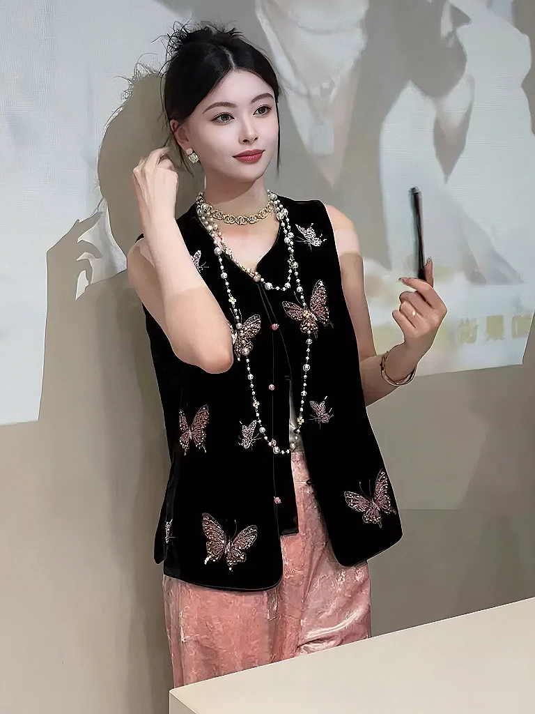 秋冬新中式国风重工刺绣丝绒马甲女时尚气质显瘦百搭复古盘扣马夹